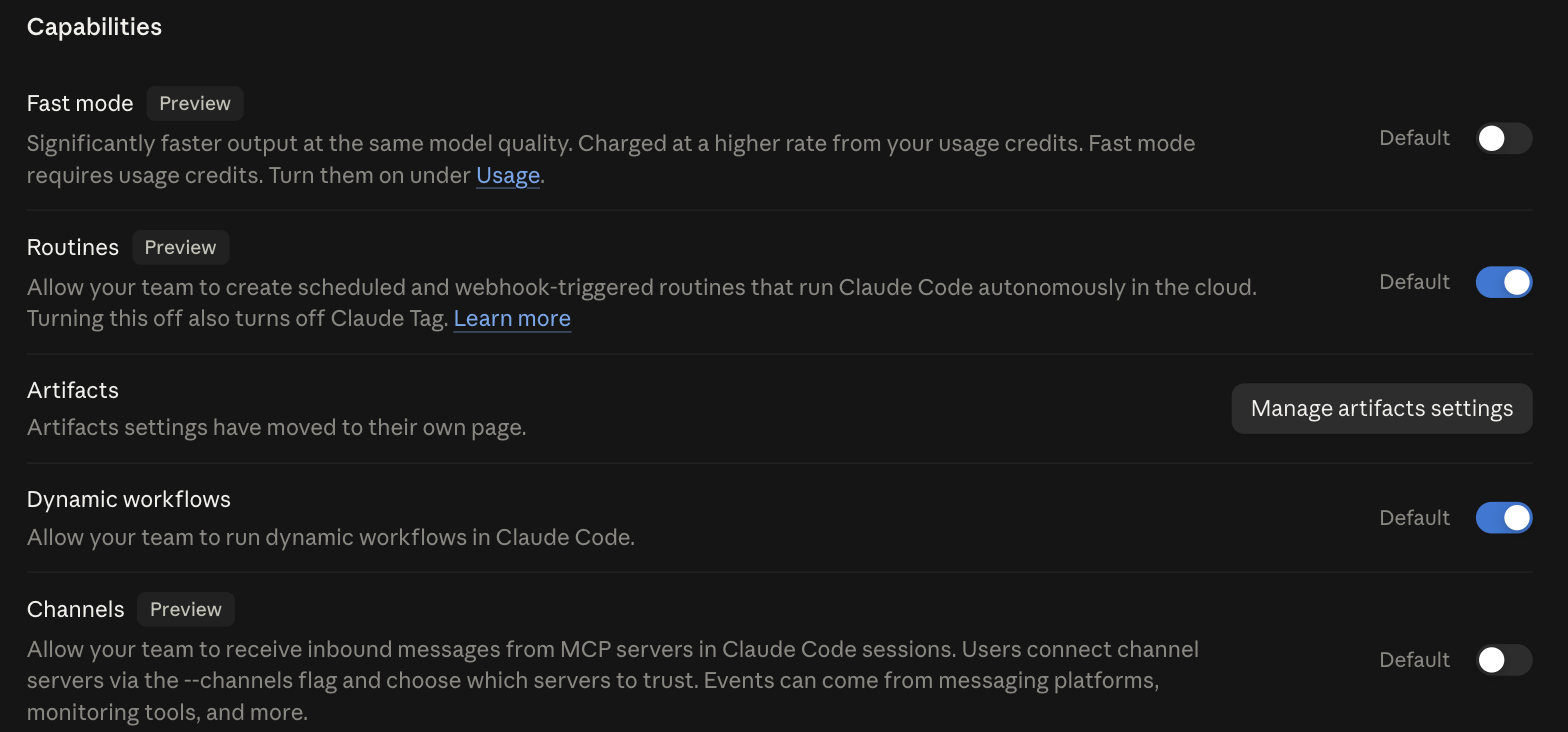 Claude Enterprise admin console Claude Code capabilities, with org-wide toggles for Fast mode, Routines, Dynamic workflows and Channels