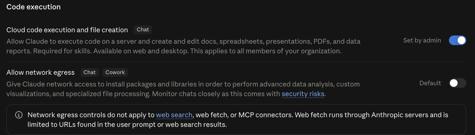 Claude Enterprise admin console code execution settings, with a notice stating that network egress controls do not apply to web search, web fetch, or MCP connectors