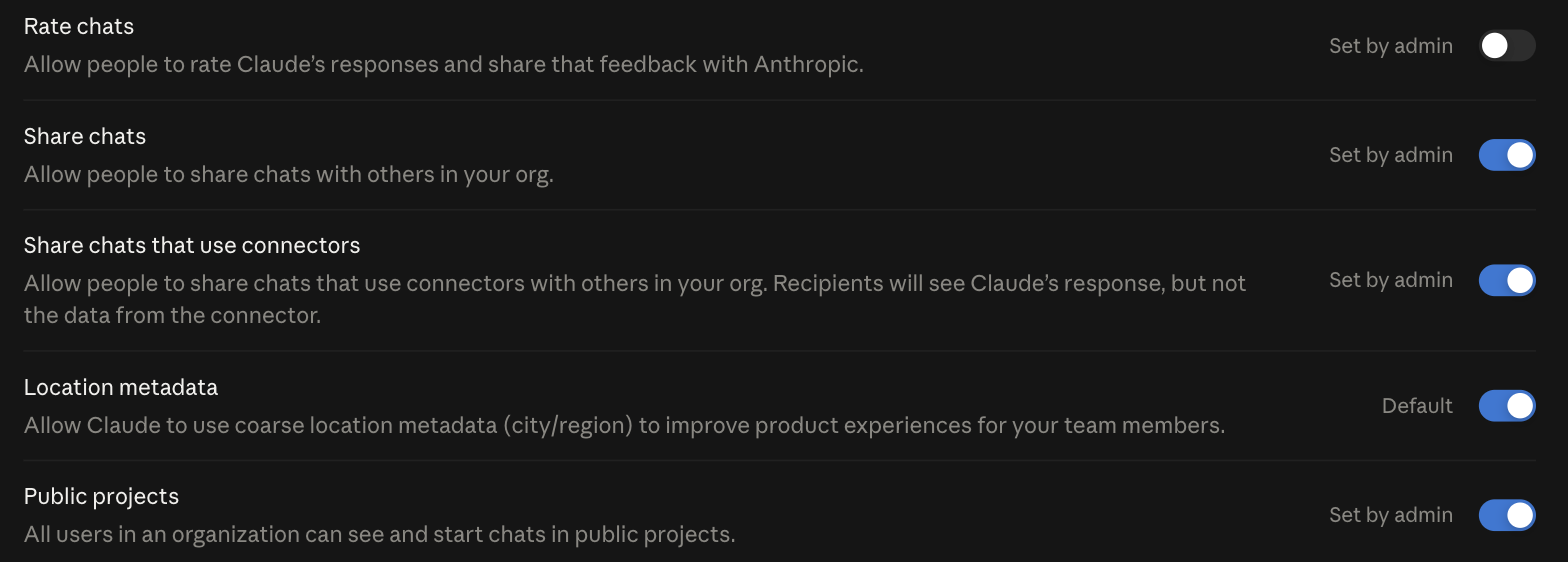 Claude Enterprise admin console privacy settings, with toggles governing chat rating, chat sharing, sharing chats that use connectors, location metadata and public projects