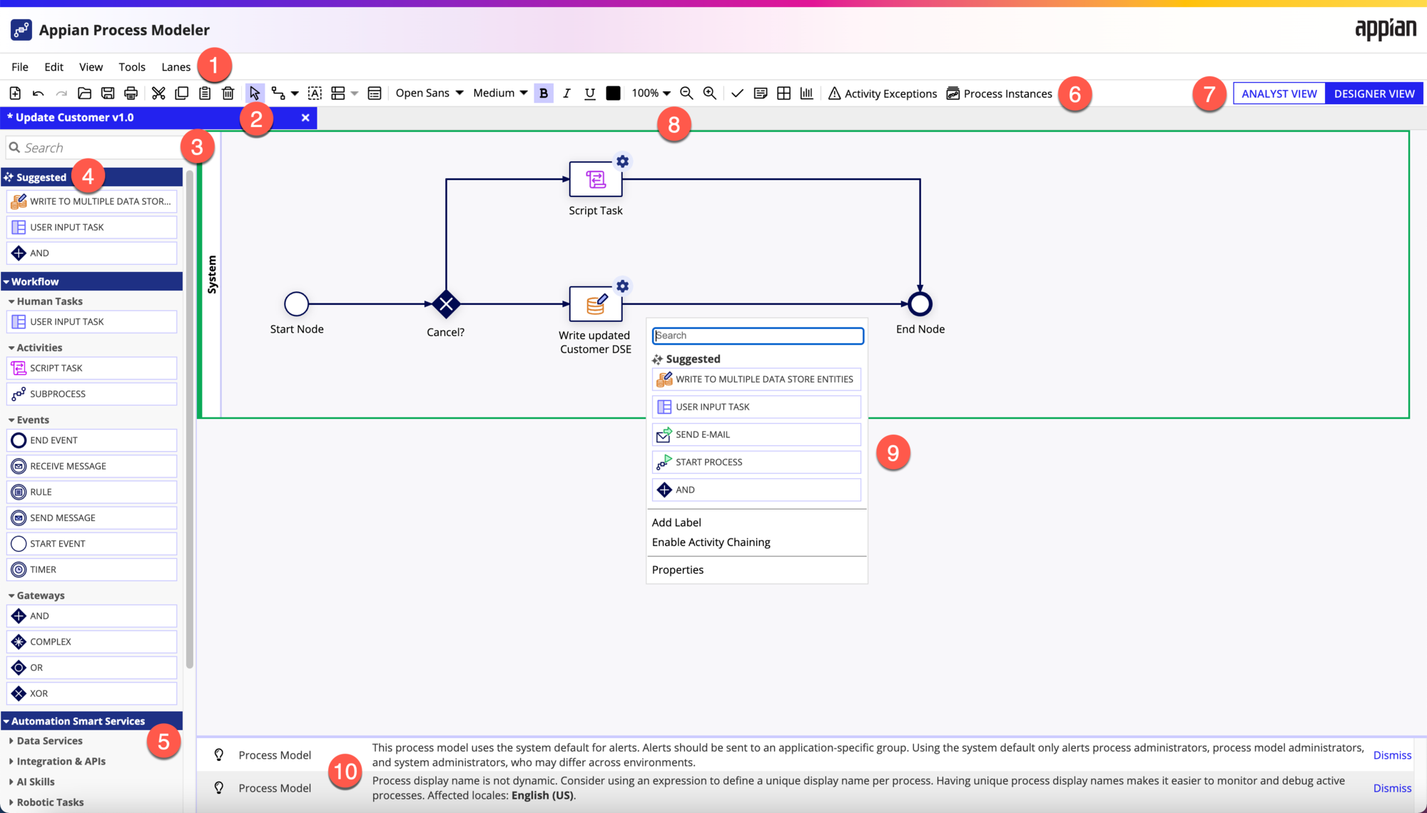 Appian Process Modeler interface showing complex workflow design with multiple branches and decision nodes