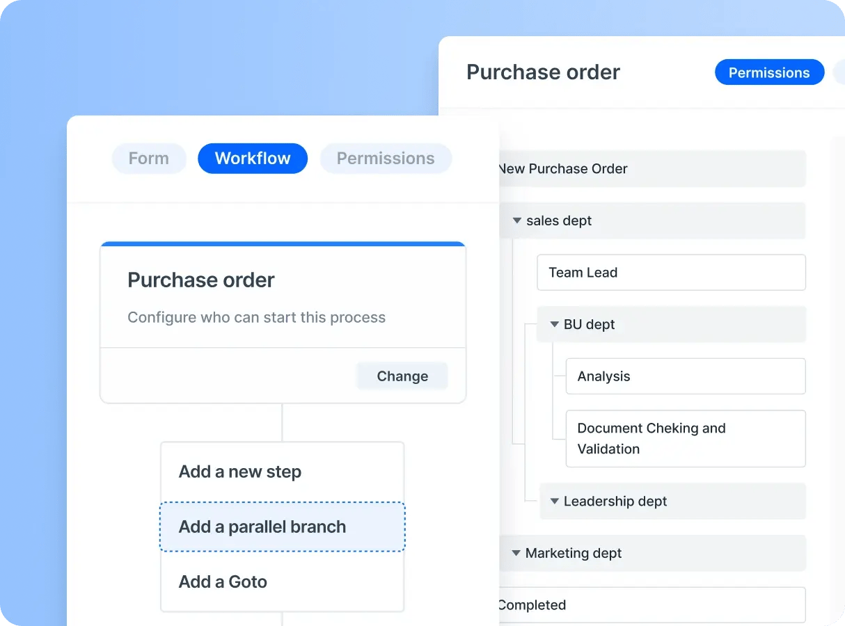 Kissflow process builder interface demonstrating the complexity of their all-in-one platform approach