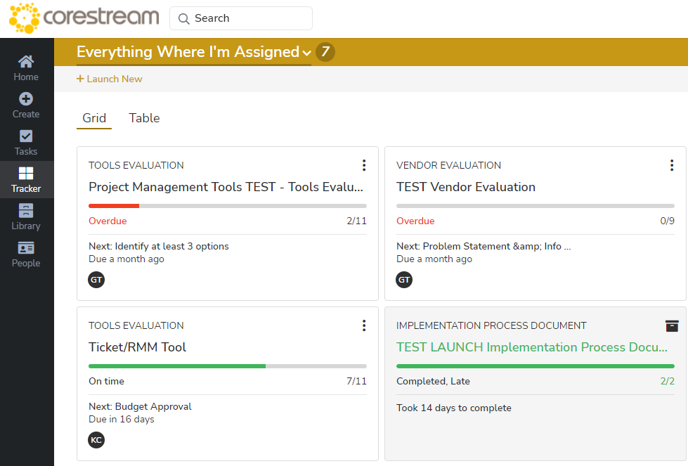 Tallyfy tracker view showing multiple processes with progress indicators