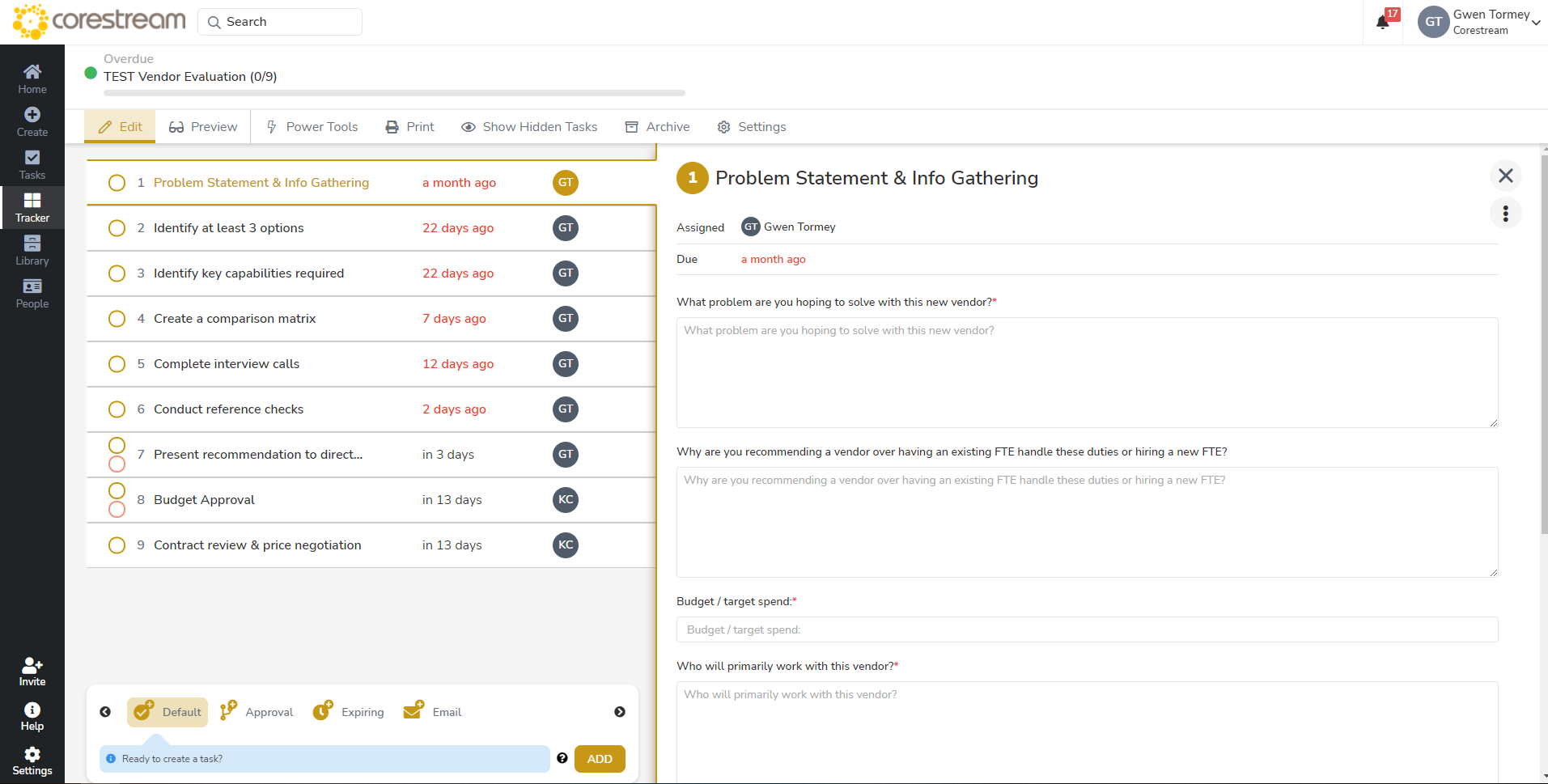 Tallyfy workflow view showing detailed process steps and form fields