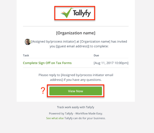 Guest email showing Tallyfy branding with View Now button highlighted