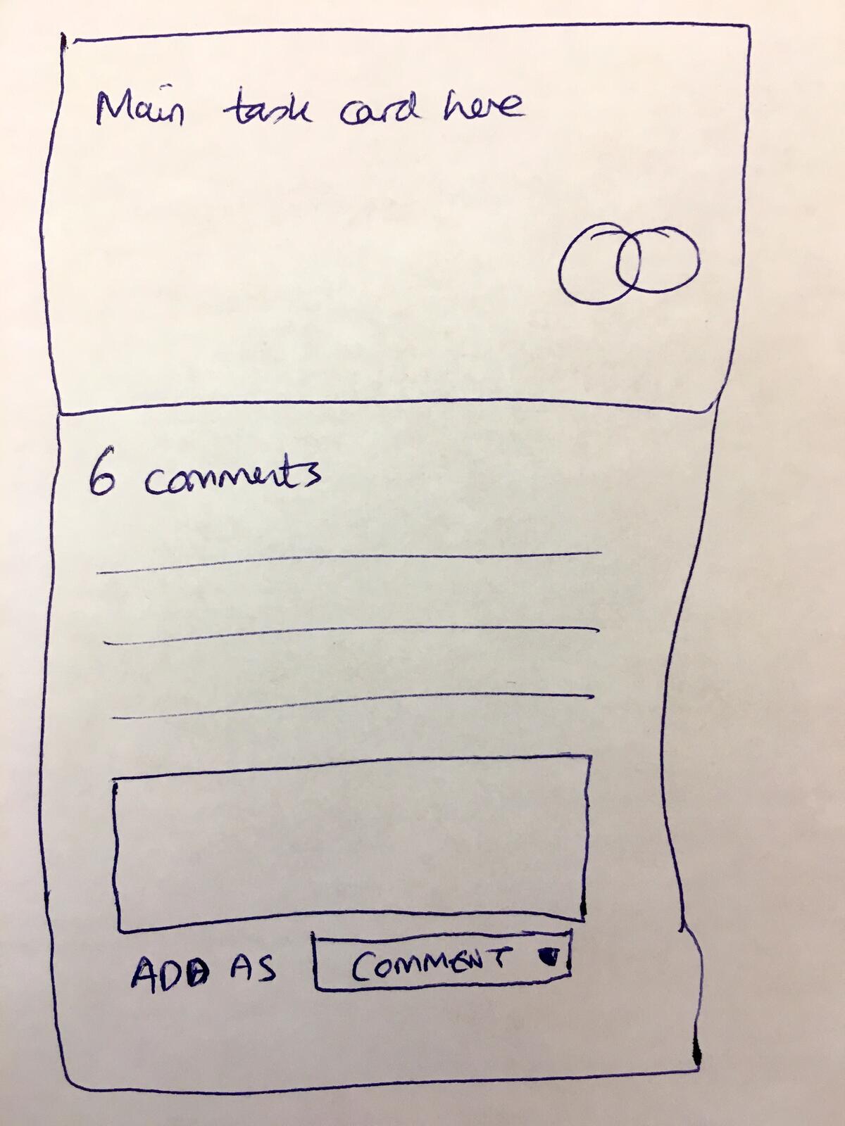 Sketch showing main task card with comment stream and option to add as comment or task