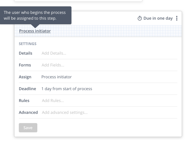 Tallyfy process initiator UI showing step confirmation