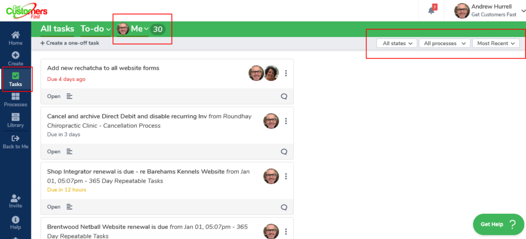 Task management interface showing recurring website maintenance tasks with due dates, status filters, and assignee profiles