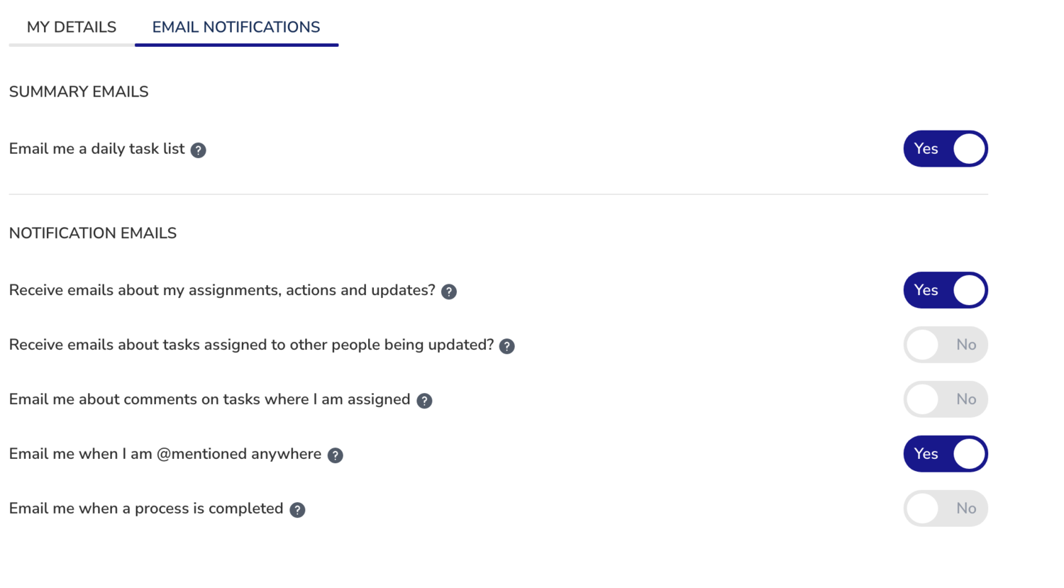 Screenshot of email notification settings showing toggle options for various notification types