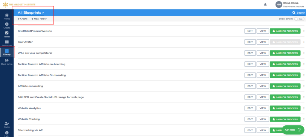 Process blueprint library interface listing templates including affiliate onboarding, website analytics, and site tracking workflows