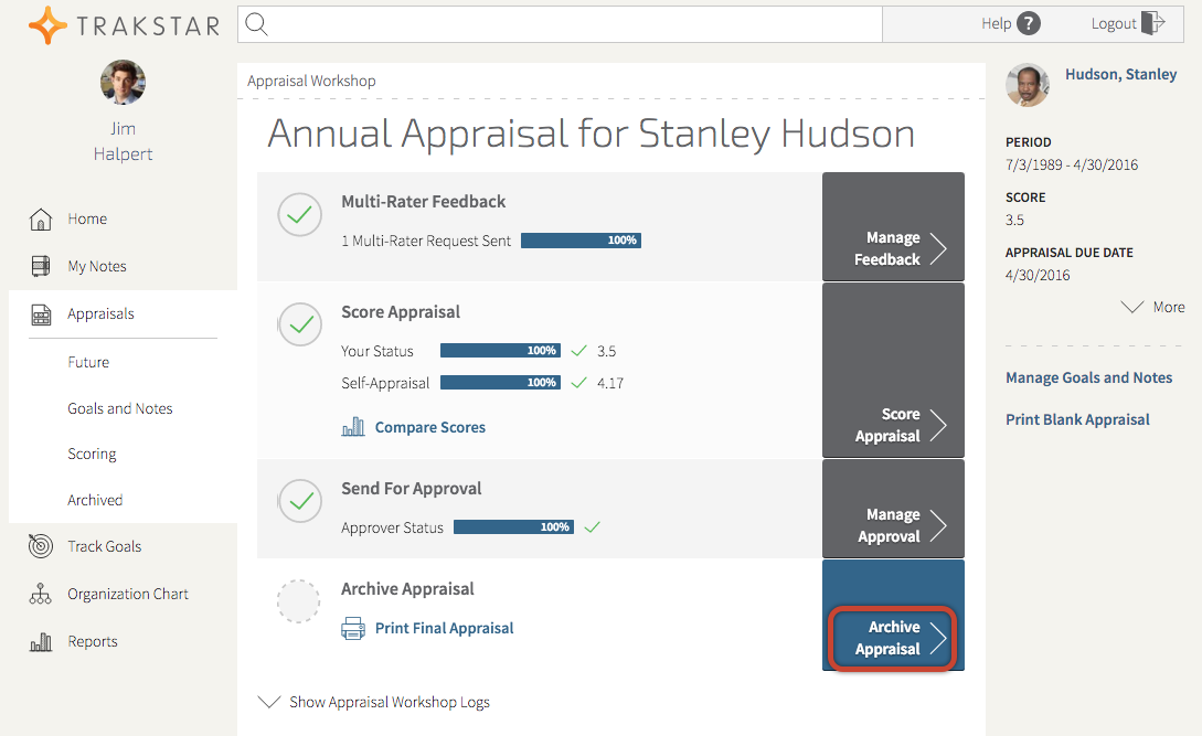 Trakstar performance management dashboard displaying annual appraisal workflow with multi-rater feedback, score appraisal, and approval stages