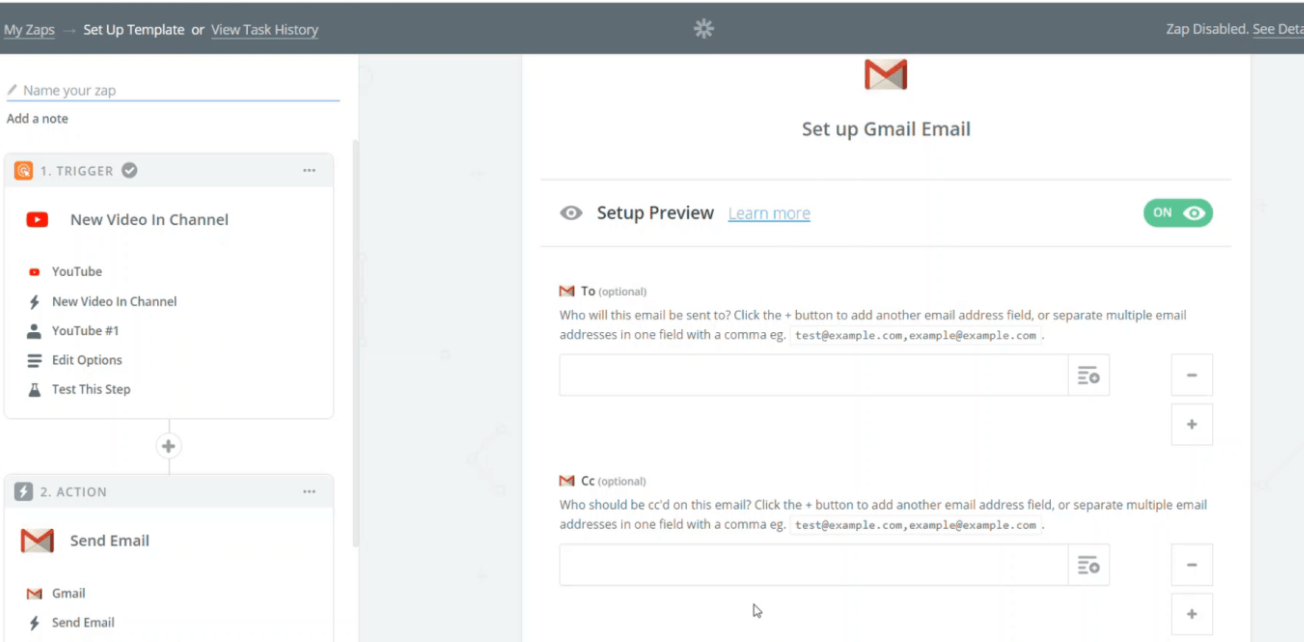 Zapier Gmail action setup screen showing email configuration with recipient, CC, and template options