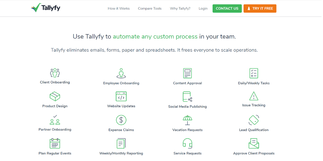 Tallyfy use cases grid showing 16 custom process types: onboarding, approvals, tasks, tracking, events