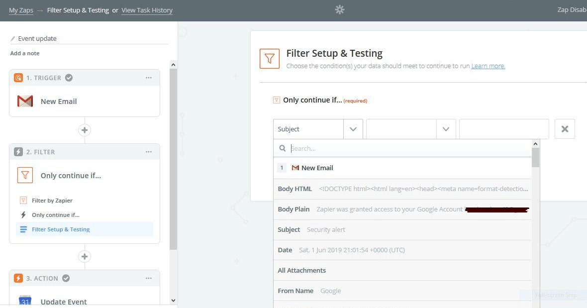 Zapier filter setup interface showing email trigger with conditional logic configuration