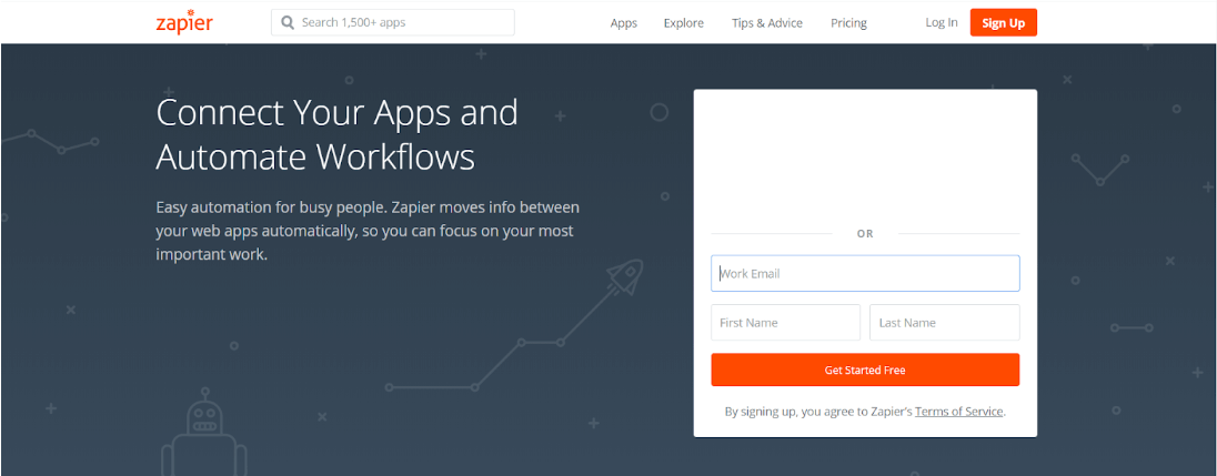 Zapier homepage showing workflow automation tagline and signup form with integration icons