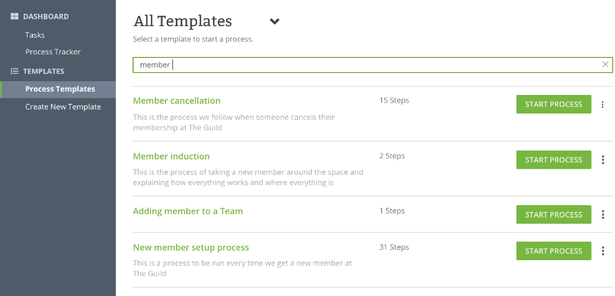 Tallyfy template search interface showing member-related process templates with step counts