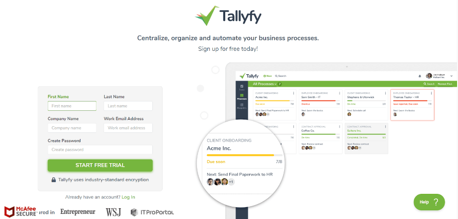 Tallyfy signup and dashboard mockup showing free trial form with client onboarding process tracker and task assignments