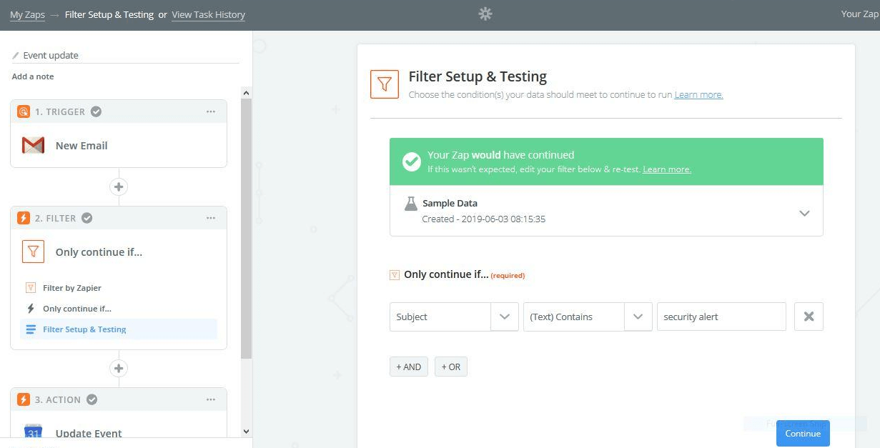 Zapier filter setup interface showing Gmail trigger with subject contains security alert condition and sample data timestamp