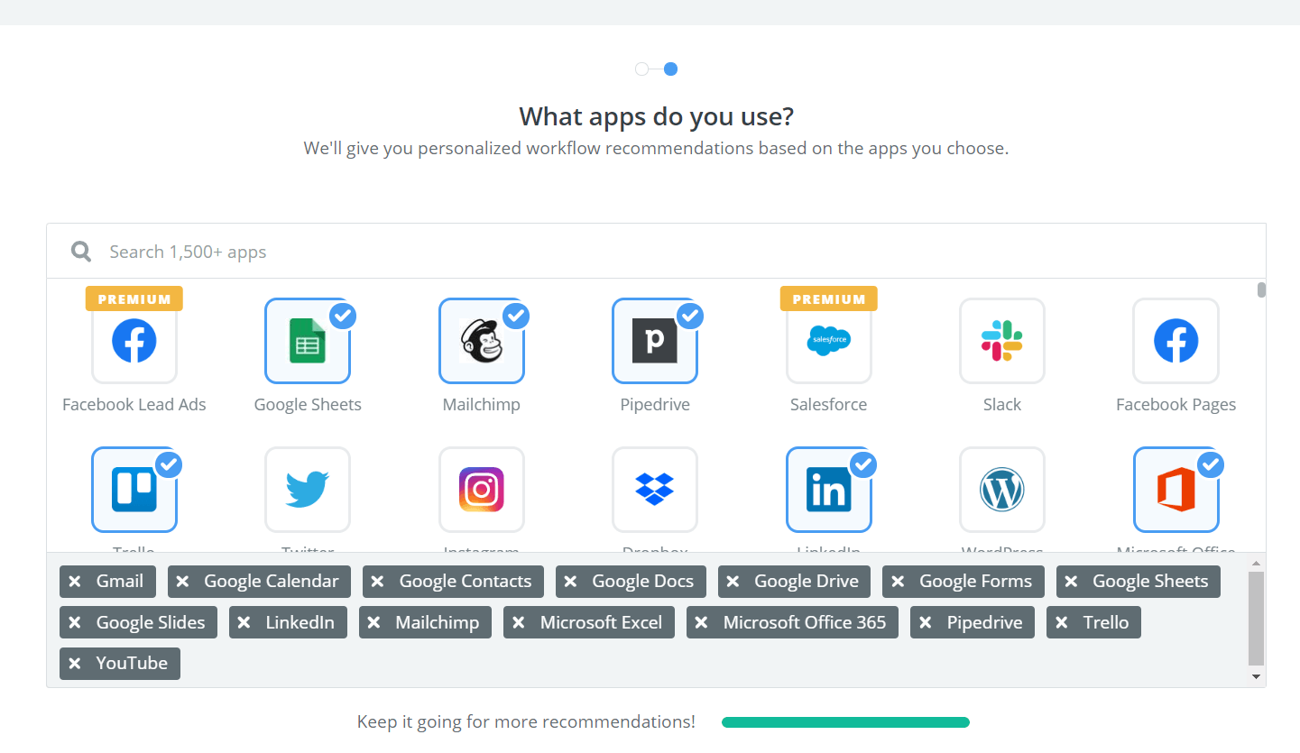 Workflow automation app selector showing personalized recommendations with Facebook, Google Sheets, Mailchimp, and other integrations