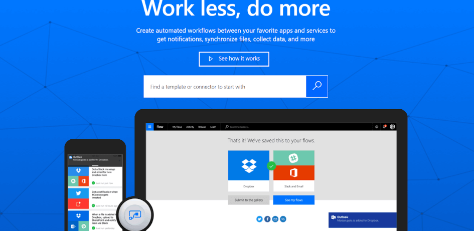 Microsoft Flow homepage with blue background showing workflow automation between Dropbox and Office 365 apps