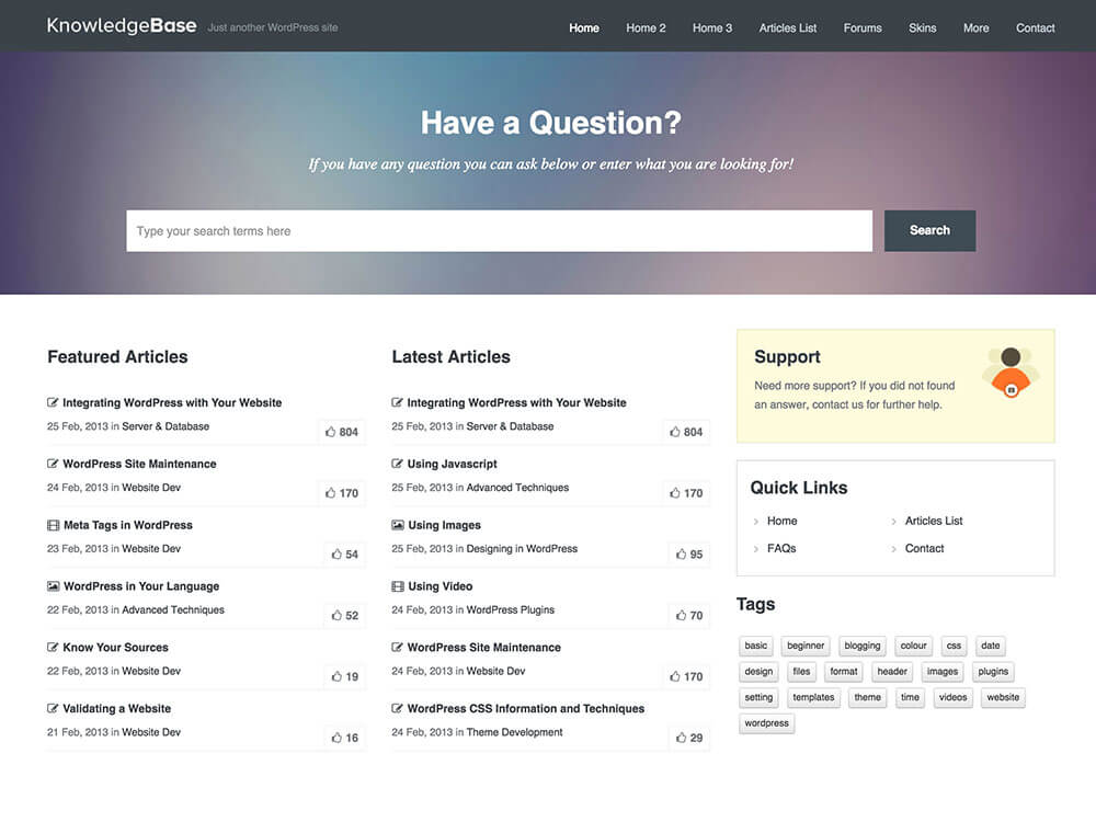 WordPress knowledge base theme homepage with search bar featured articles and support documentation links