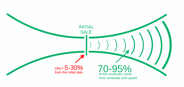 Customer retention funnel diagram showing initial sale versus renewals and upsell revenue percentages