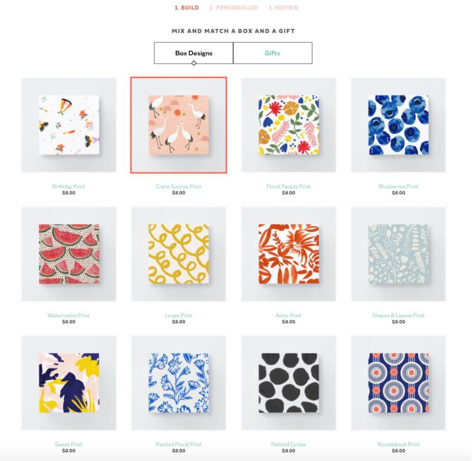 Greetabl gift box design selection grid showing colorful pattern options with pricing for customization