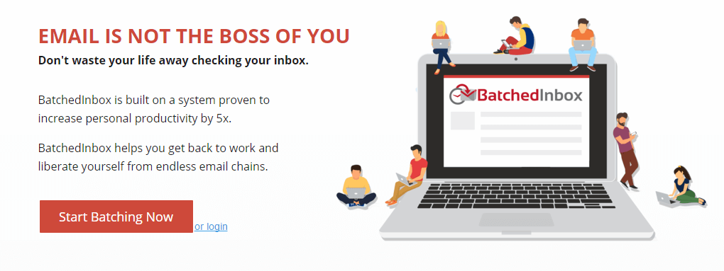 BatchedInbox promotional banner showing email is not the boss of you with people sitting on laptop illustration