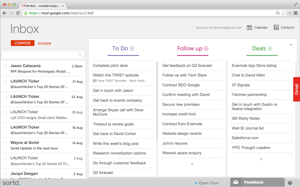 Sortd Gmail inbox organized with to do, follow up, and deals columns showing tasks and email management