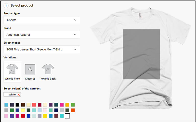 Printful t-shirt mockup generator interface showing American Apparel white t-shirt with product selection and color options