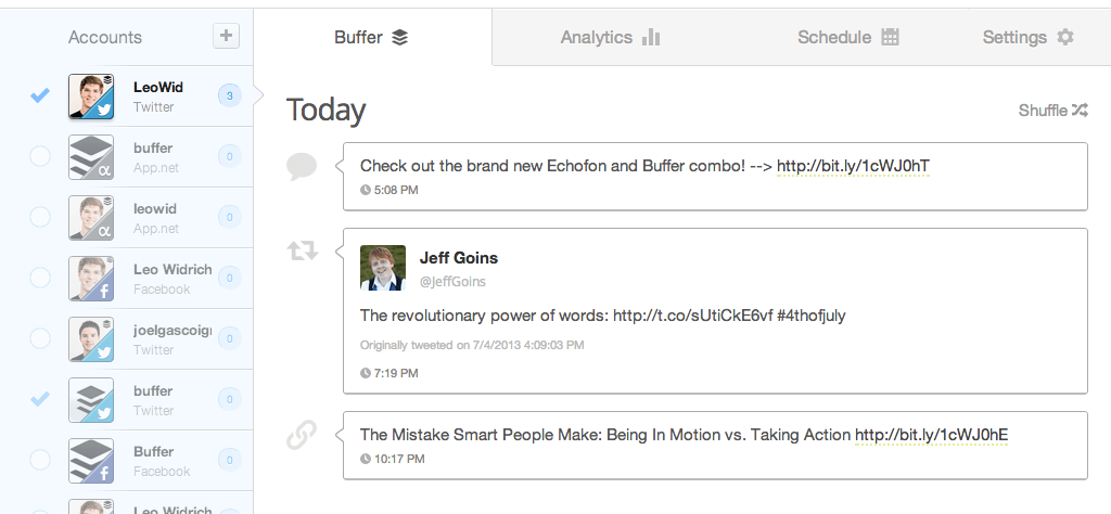 Buffer social media scheduling interface showing scheduled posts and tweets from multiple accounts