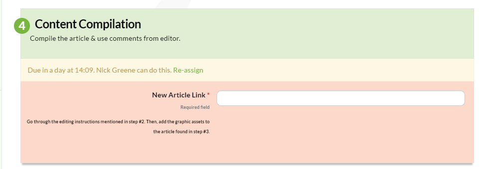 Step 4 Content Compilation form showing New Article Link input field with deadline and editing instructions for adding graphics