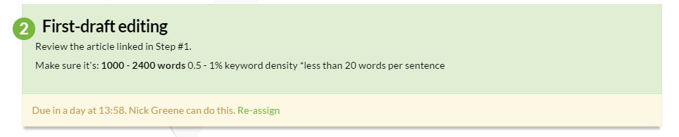 Step 2 first-draft editing checklist showing word count and keyword density requirements with assignment note