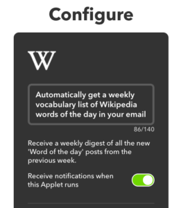 IFTTT Wikipedia word of the day applet configuration with toggle for receiving notifications when applet runs