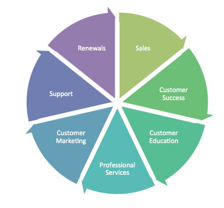 Circular diagram showing eight customer journey touchpoints: Sales, Customer Success, Customer Education, Professional Services, Customer Marketing, Support, and Renewals radiating from center