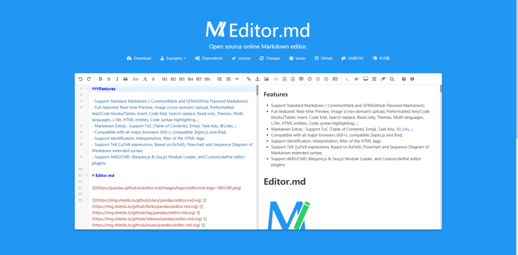 Editor.md open source markdown editor homepage with toolbar, features list, and logo on blue background