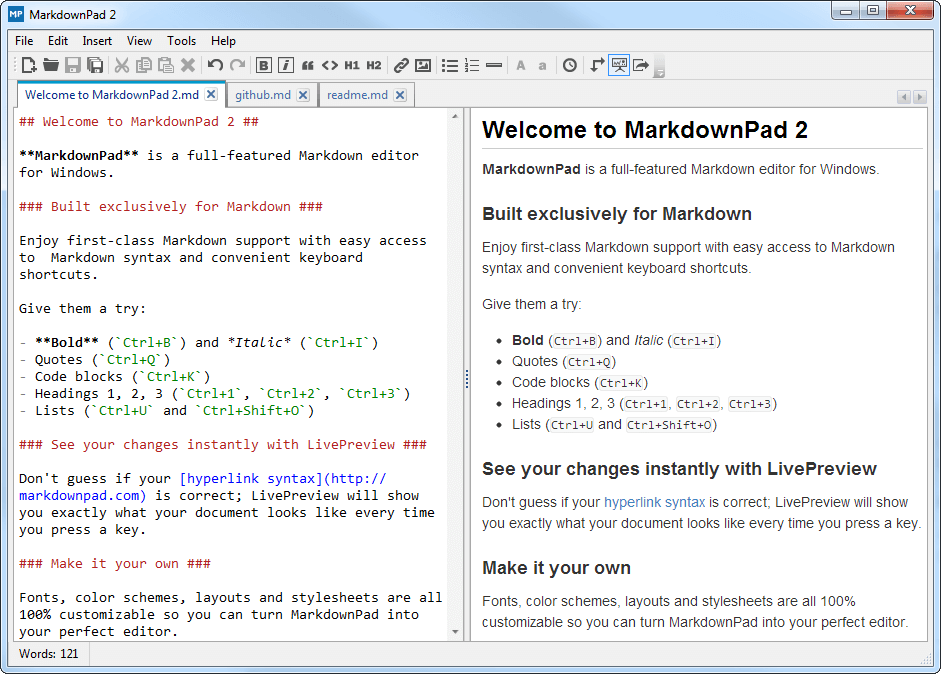 MarkdownPad 2 Windows application showing split editor with markdown syntax on left and live preview on right