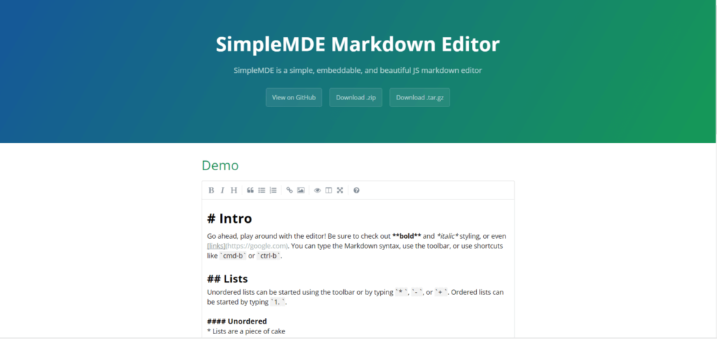 SimpleMDE markdown editor homepage with demo interface showing formatting toolbar and sample markdown content
