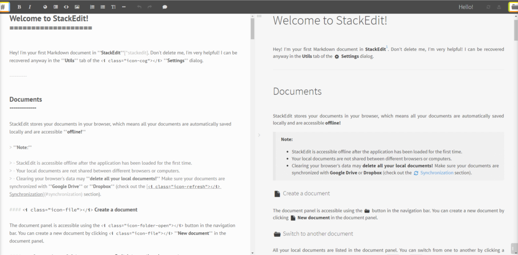 StackEdit browser-based markdown editor welcome page with split-pane editing and document synchronization features
