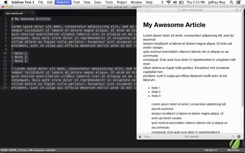 Sublime Text 2 editor with split pane showing markdown code on left and rendered article preview on right