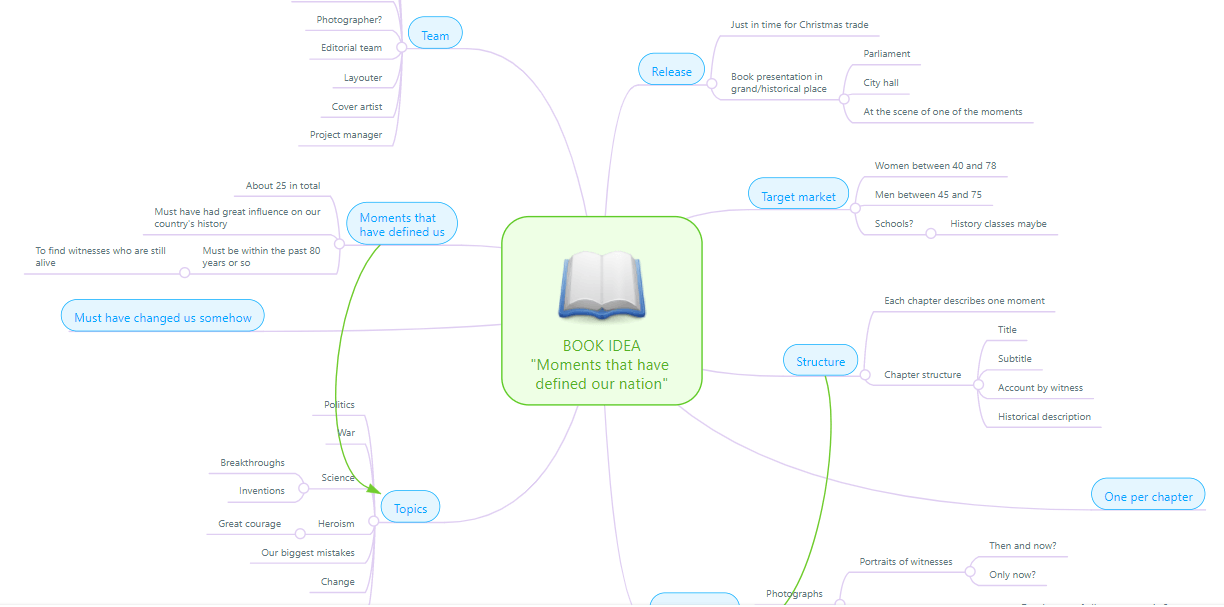 Mind map diagram showing book project structure with central green box containing book icon and idea, branching to team composition, target market, topics, and structural elements