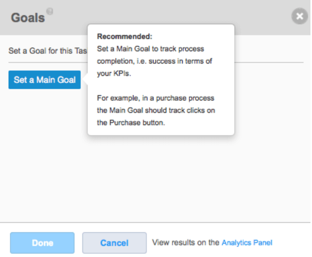 Tallyfy task analytics goals modal recommending main goal tracking for process KPIs with purchase example