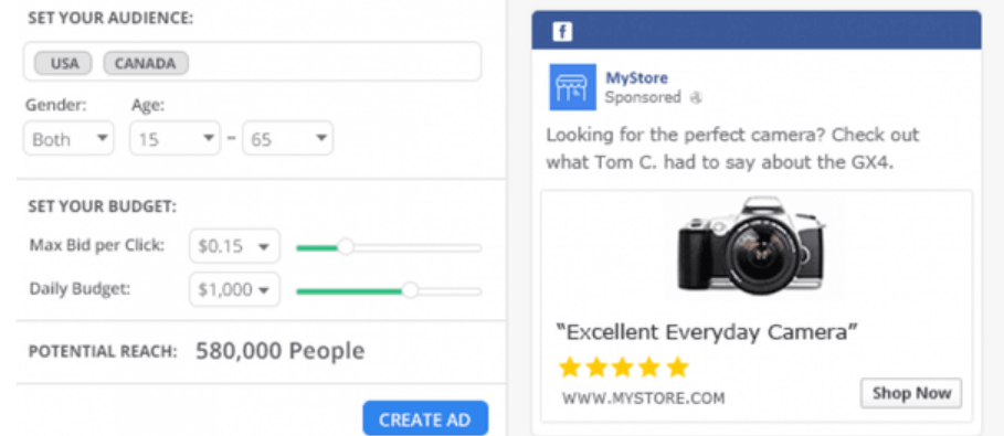 Facebook advertising interface showing audience targeting, budget settings, and product ad preview with camera