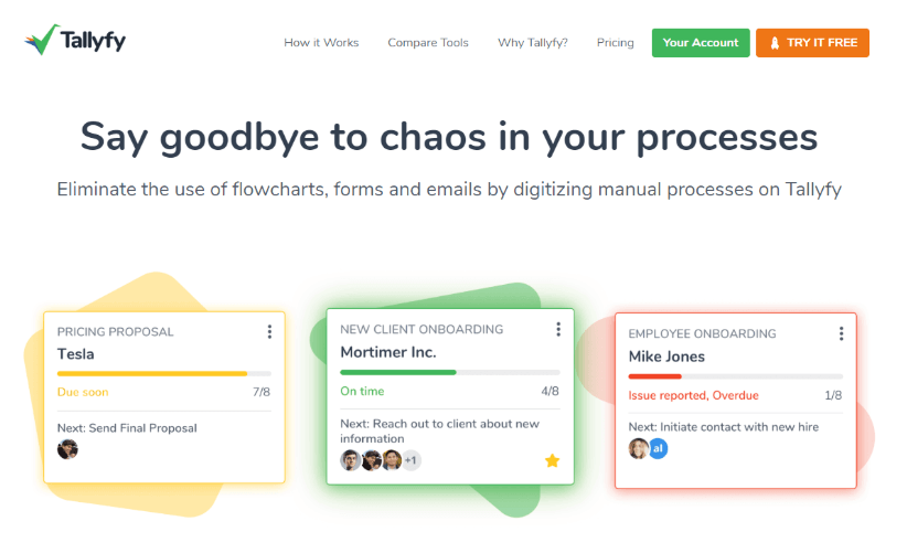 Tallyfy website banner showing eliminate process chaos tagline with workflow cards on colored backgrounds
