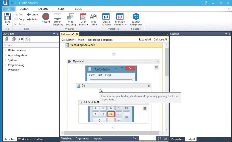 UiPath Studio automation interface showing calculator recording sequence with activities panel and workflow designer