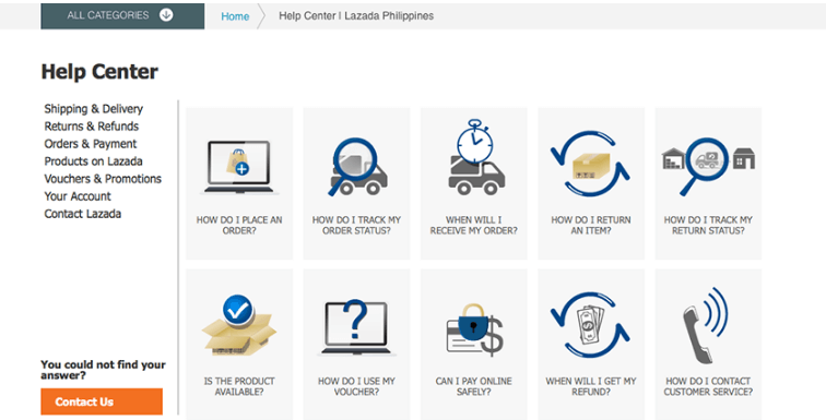 Lazada Philippines help center showing common questions with icons for orders, shipping, returns