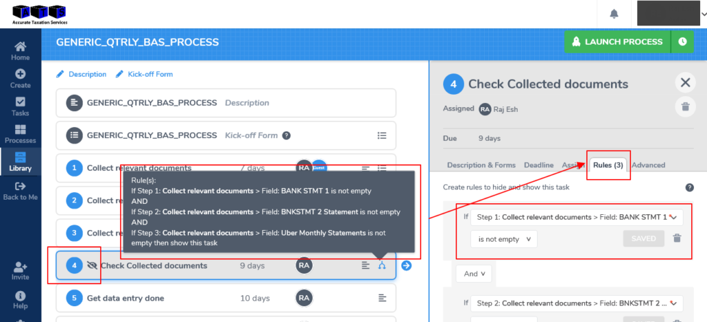 Accurate Taxation Services workflow showing task with rules panel for document field validation