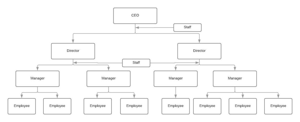 Organizational hierarchy chart showing CEO at top with directors, managers and employees in tree structure