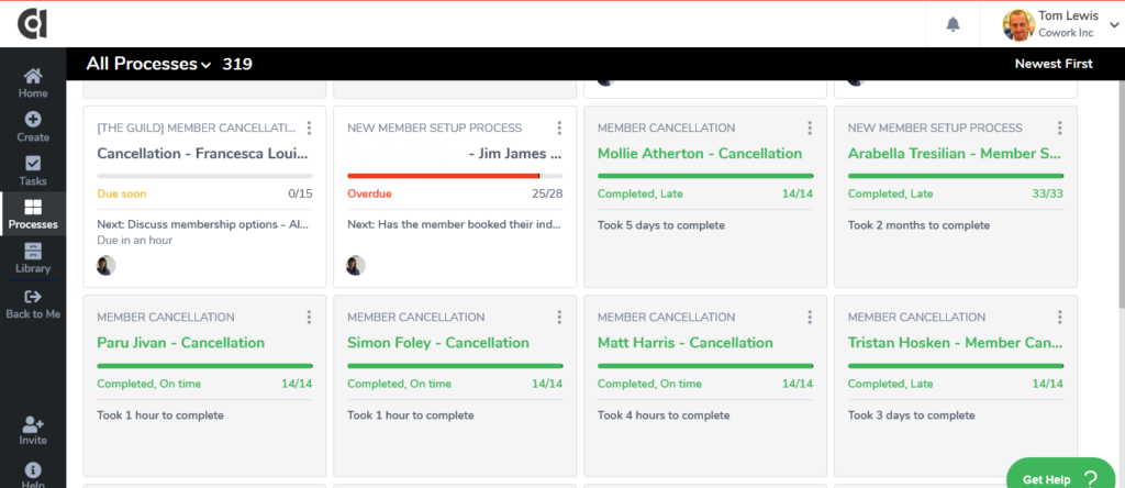 Tallyfy process dashboard showing 319 active member cancellation and setup processes with various completion statuses
