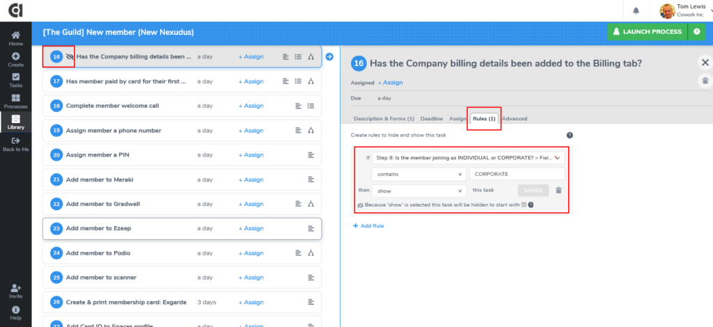 Tallyfy guild new member onboarding process showing task list with billing, payment, welcome call, and member assignments