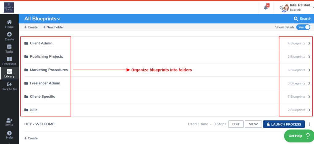 Tallyfy blueprints organized in folders: Client Admin, Publishing Projects, Marketing Procedures, Freelancer Admin